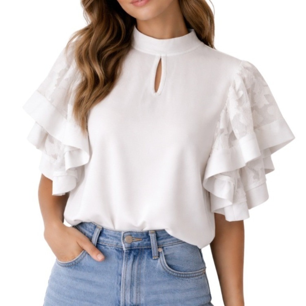 Ashley Stewart White‎ Mock Neck Keyhole Tiered Ruffle Lace Sleeve Top Plus 18/20